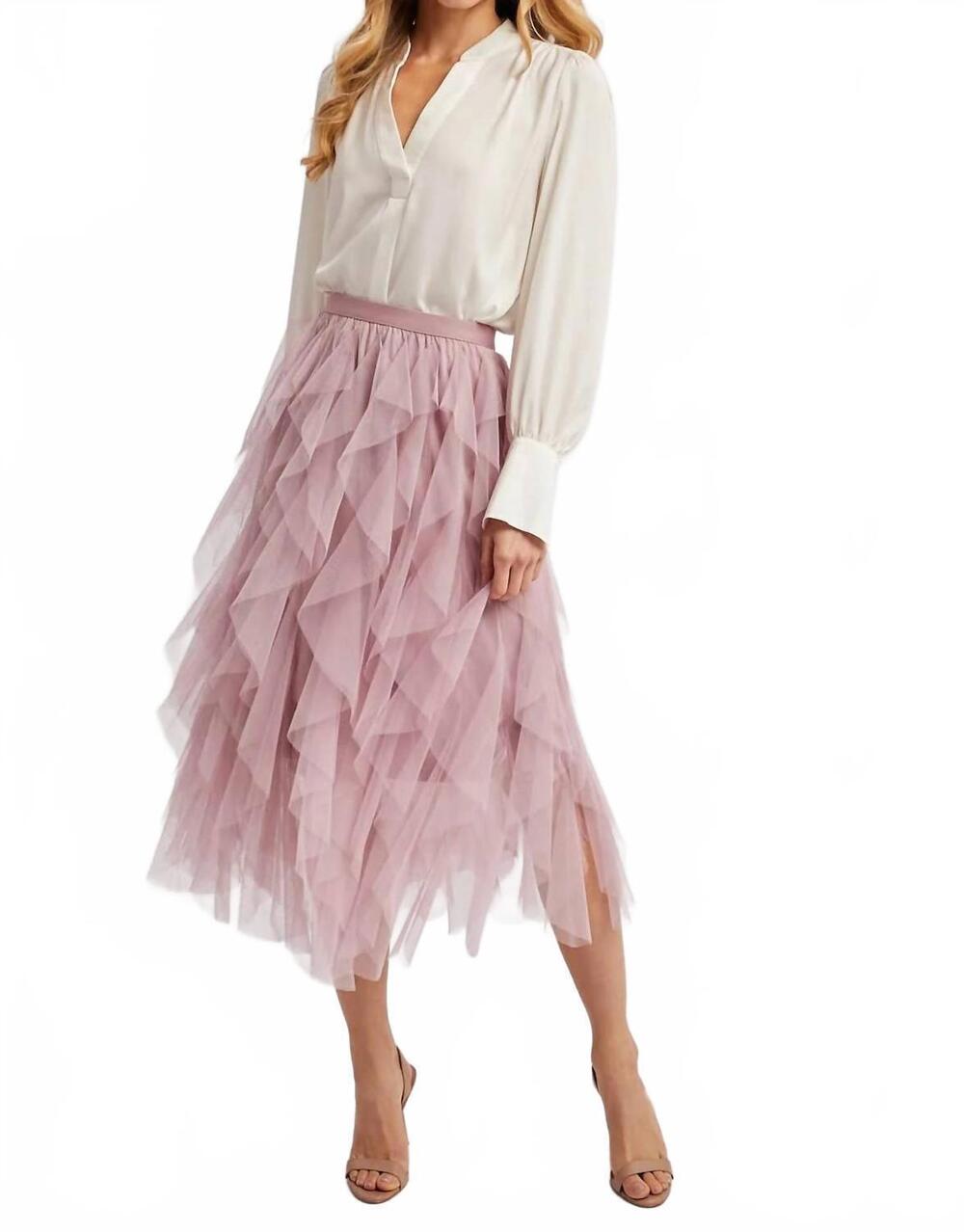 NEW BLUIVY spiral ruffled tulle midi skirt in rose